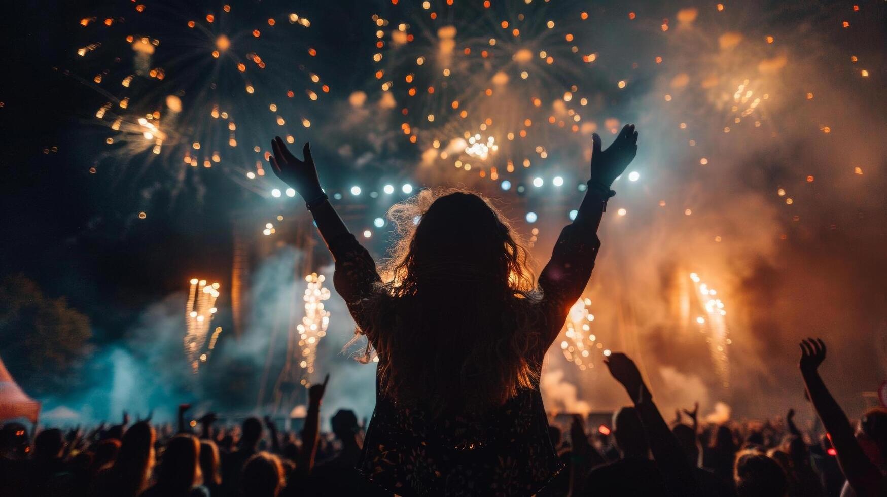 A silhouette of people cheering and clapping as fireworks light up the night photo