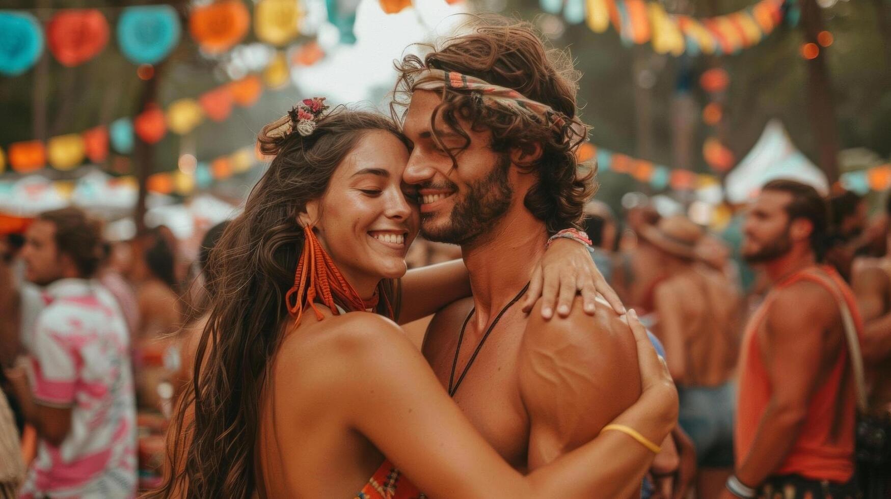 A couple dancing together in a sea of people at a vibrant music festival photo
