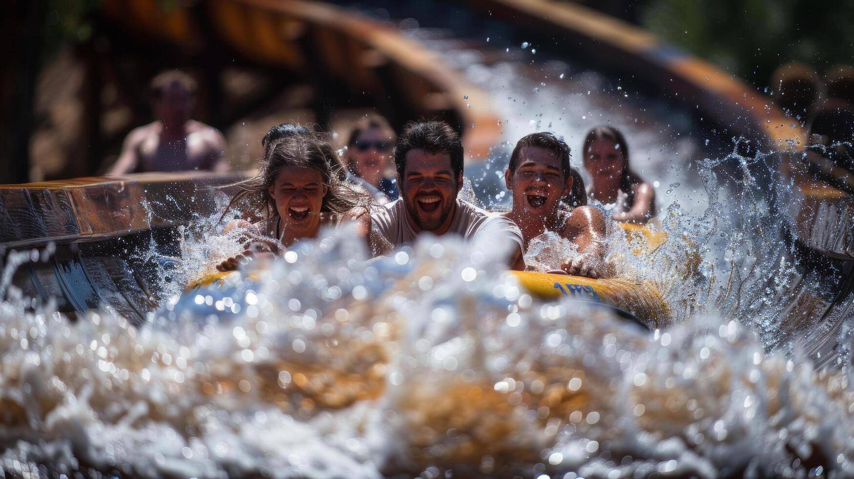 A group of friends enjoying a log flume ride, splashing into the water below photo