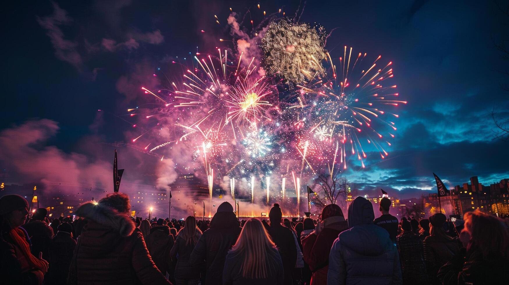 A crowd of people looking up in awe at colorful fireworks illuminating the night photo