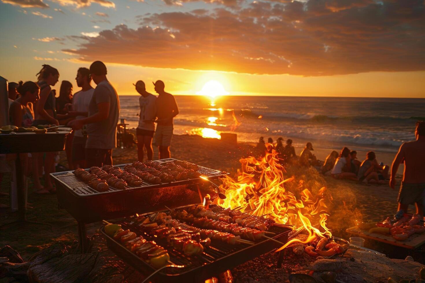 A group of people at a beach barbecue, cooking food over an open flame as the sun sets photo