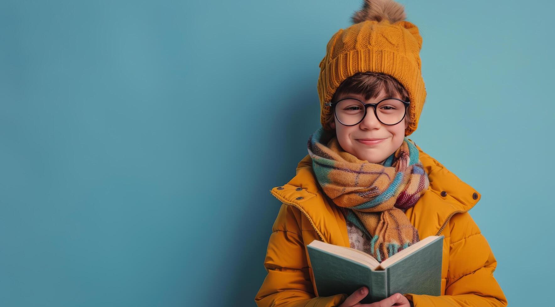 Young Boy in Yellow Winter Wear Reading Book Against Blue Background photo
