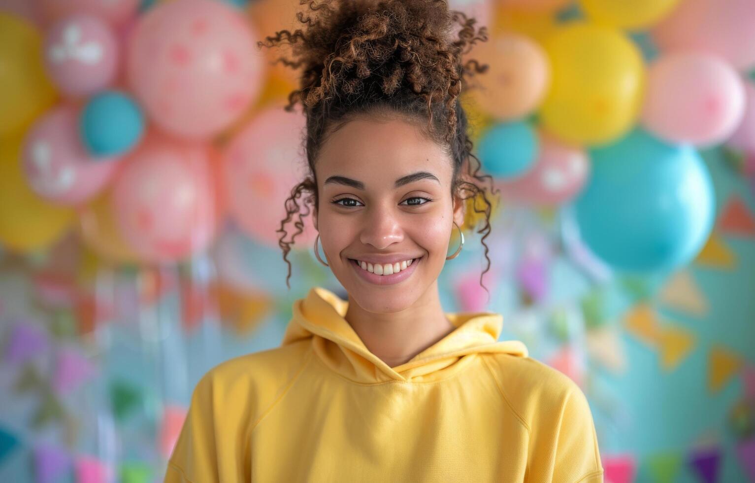 Woman With Curly Hair Standing in Front of Balloons photo