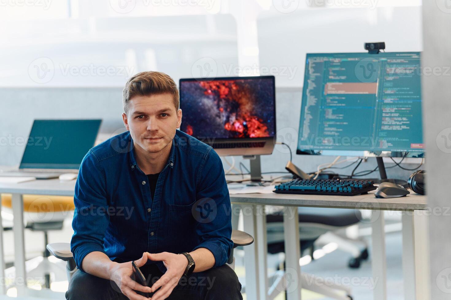 Programming. Man Working On Computer In IT Office, Sitting At Desk Writing Codes. Programmer Typing Data Code, Working On Project In Software Development Company photo