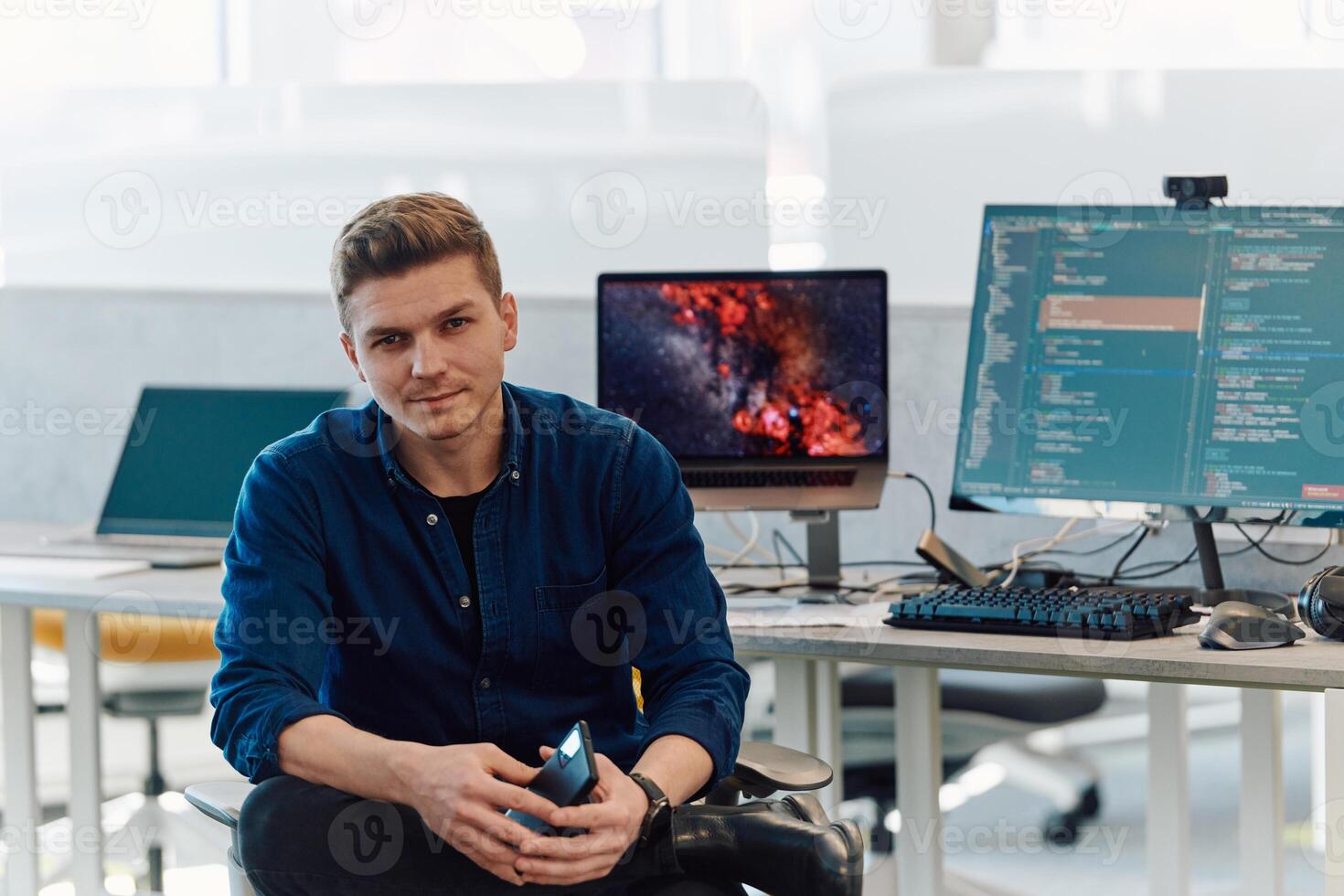Programming. Man Working On Computer In IT Office, Sitting At Desk Writing Codes. Programmer Typing Data Code, Working On Project In Software Development Company photo
