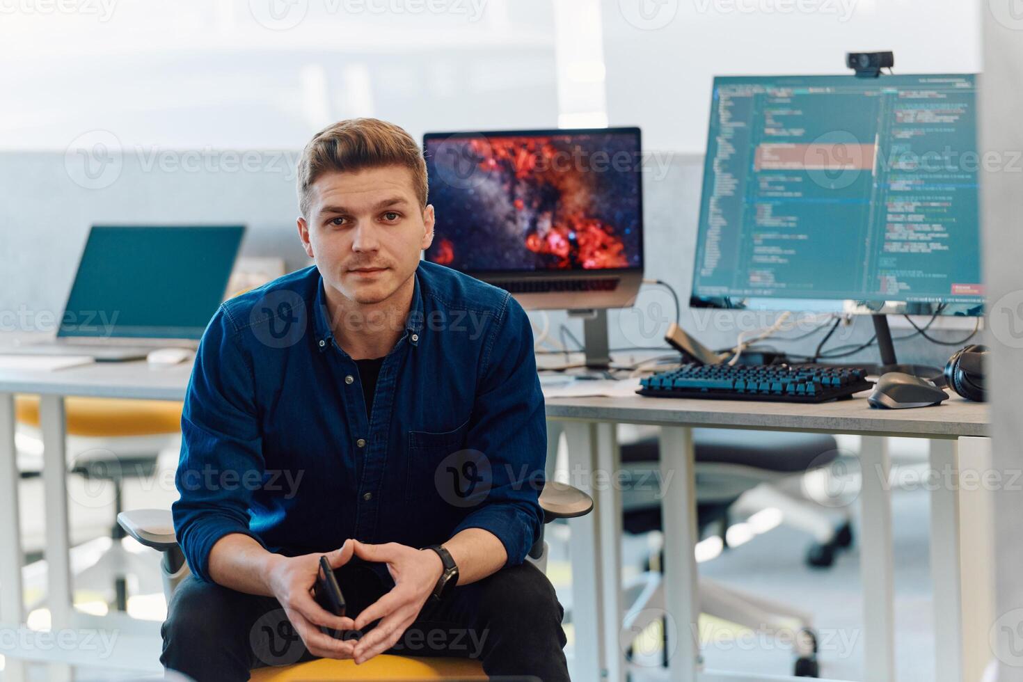Programming. Man Working On Computer In IT Office, Sitting At Desk Writing Codes. Programmer Typing Data Code, Working On Project In Software Development Company photo