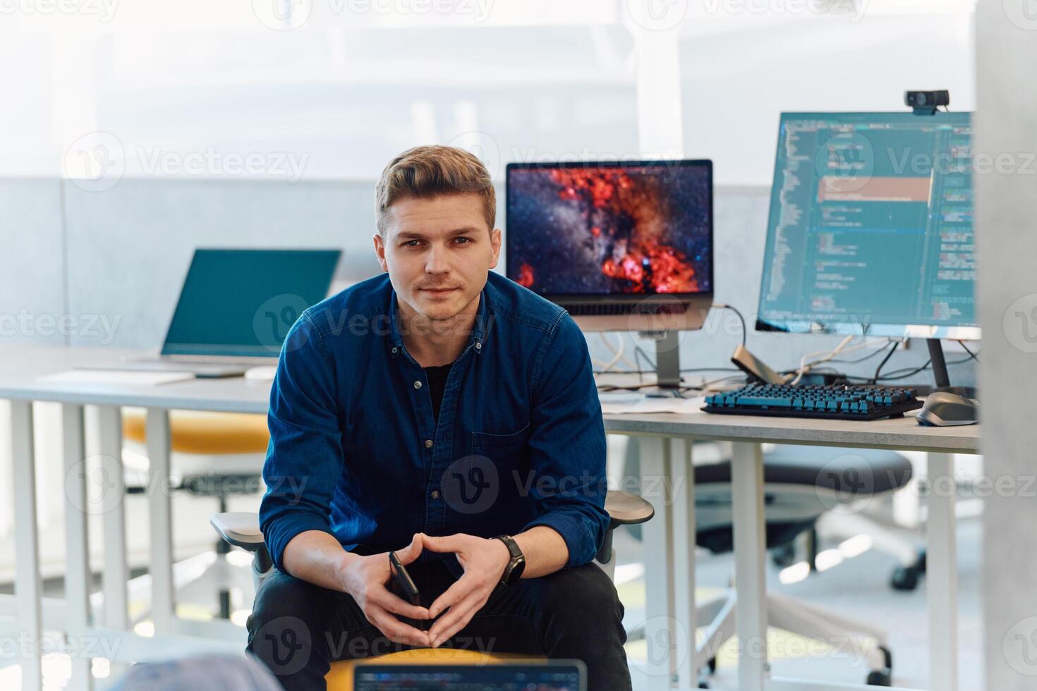 Programming. Man Working On Computer In IT Office, Sitting At Desk Writing Codes. Programmer Typing Data Code, Working On Project In Software Development Company photo