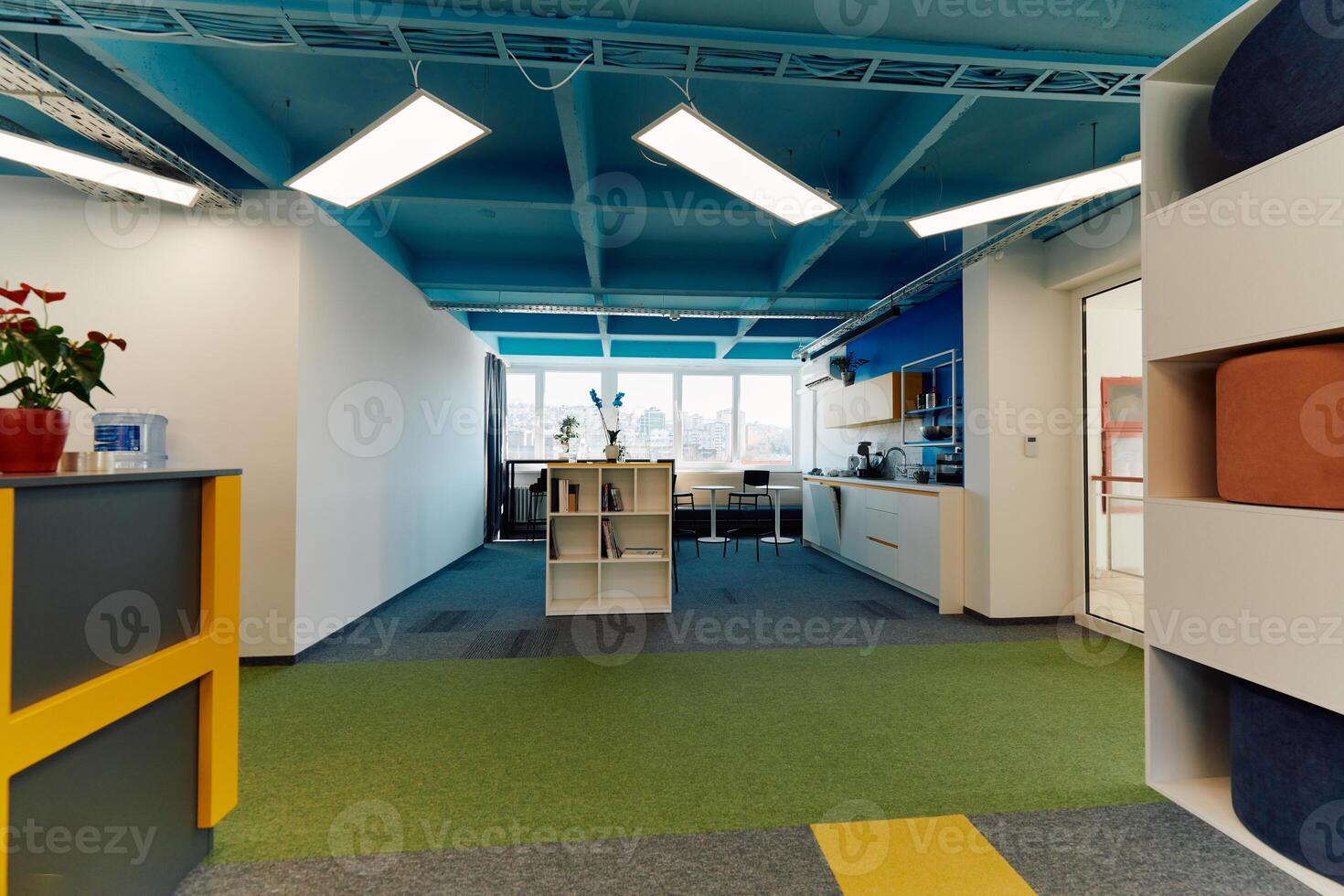 Photo of a modern office where programming, digital marketing and web design projects are done. Office with modern furniture and glass office