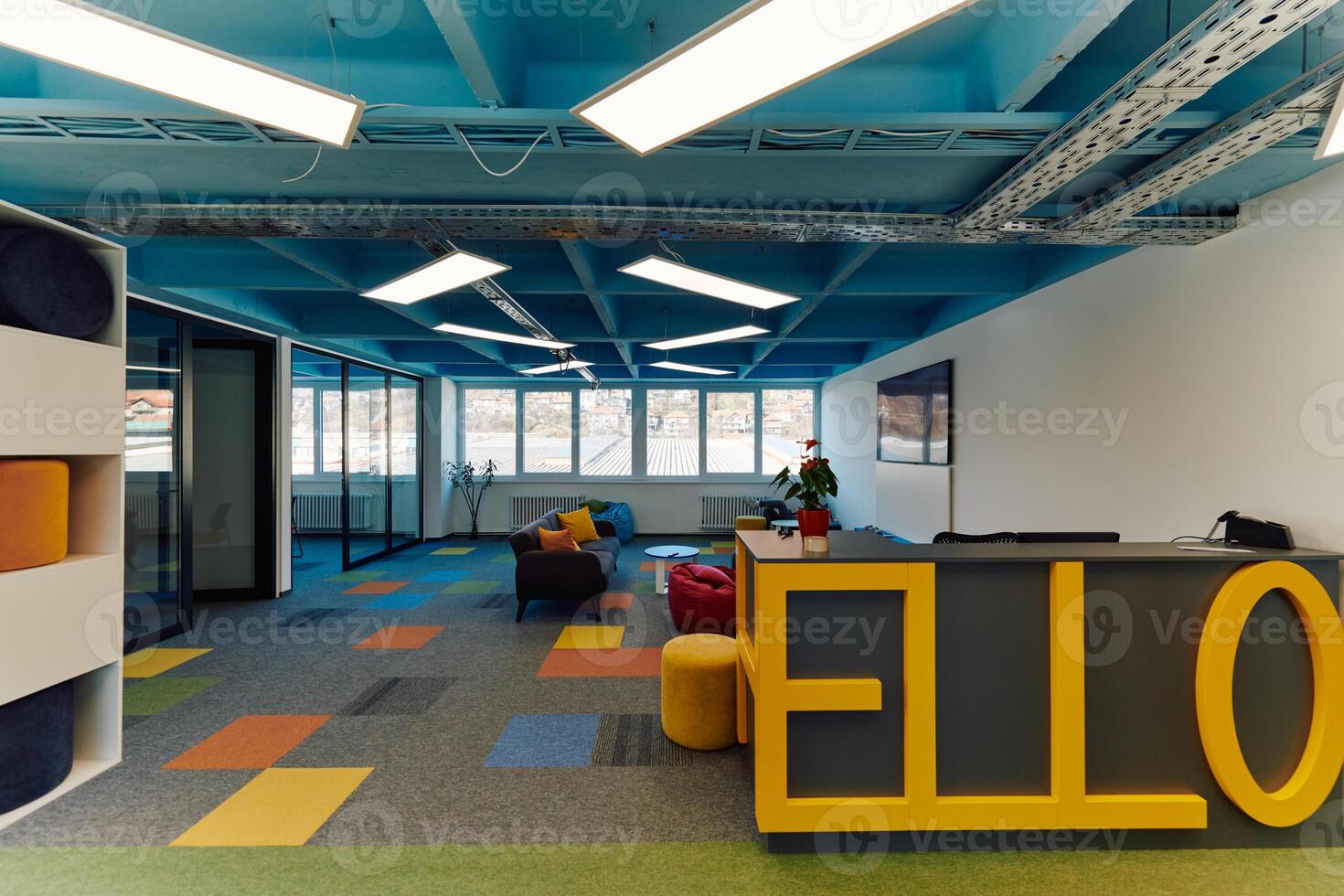 Photo of a modern office where programming, digital marketing and web design projects are done. Office with modern furniture and glass office
