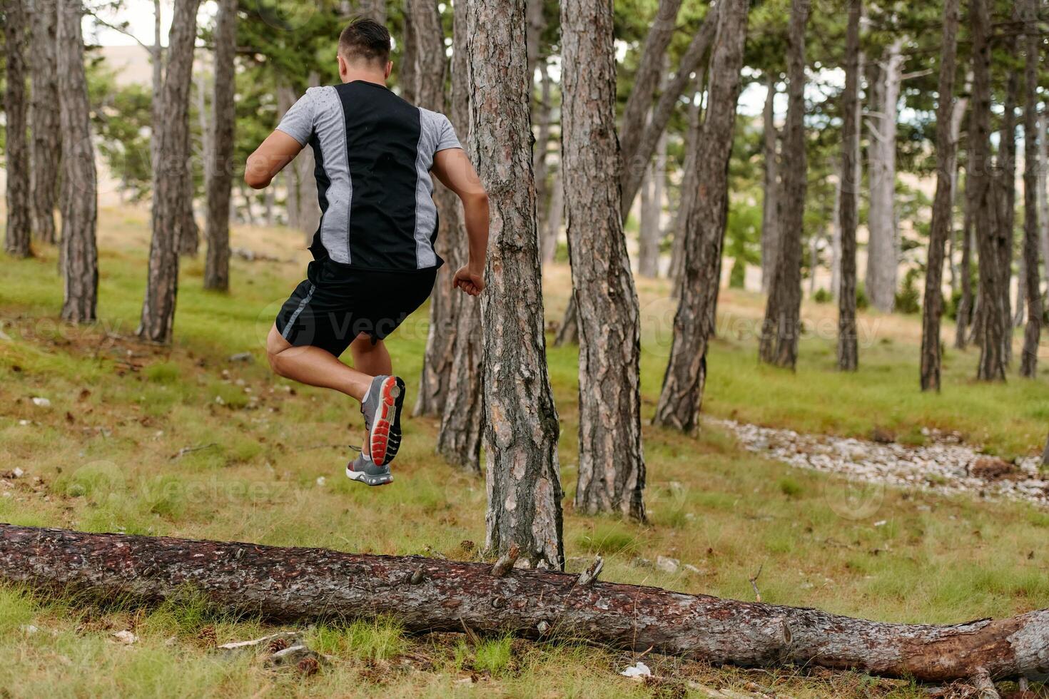 Determined Man Conquering Forest Obstacles with Grit and Speed photo