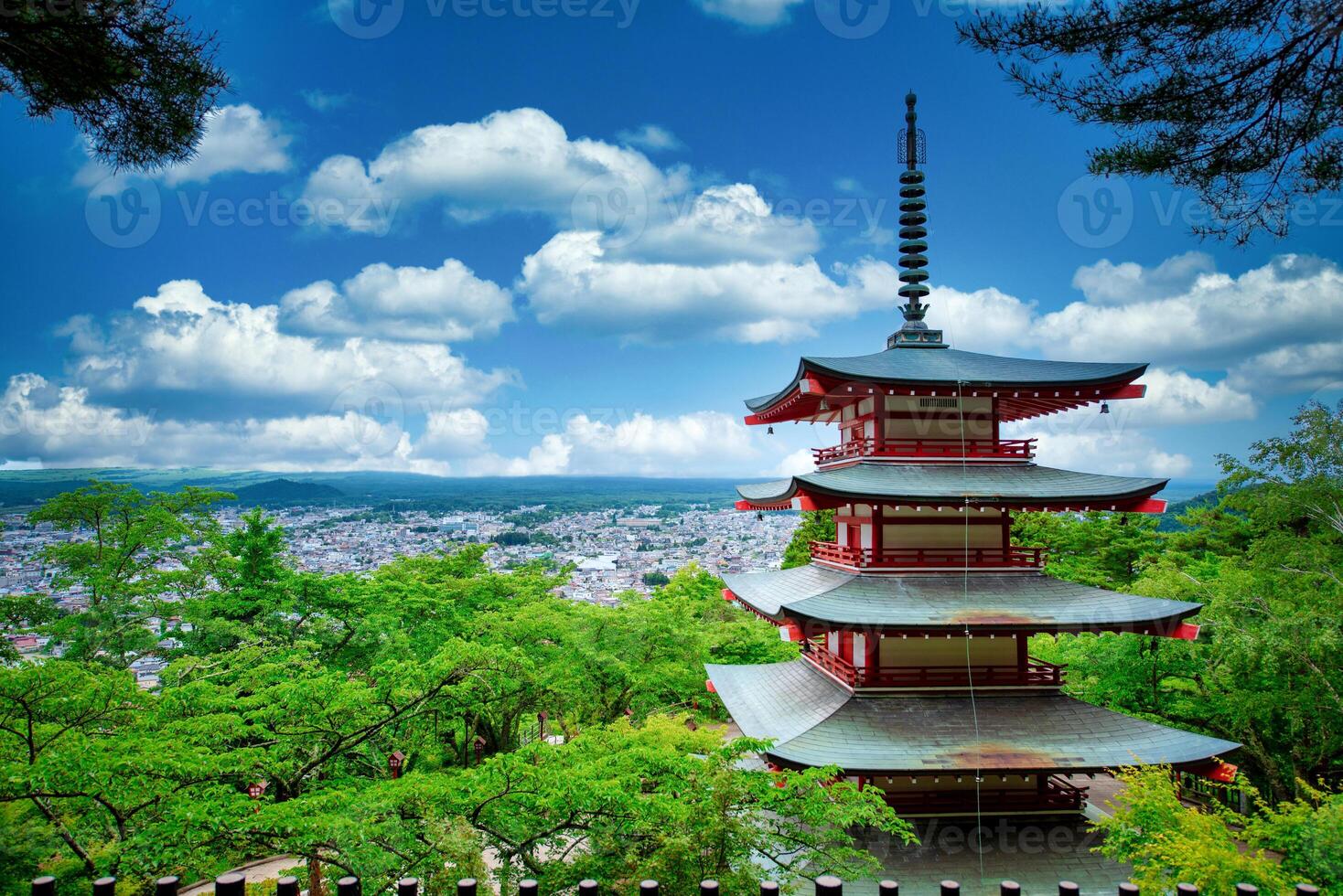 Chureito Pagoda in the spring on daytime in Fujiyoshida, Japan photo