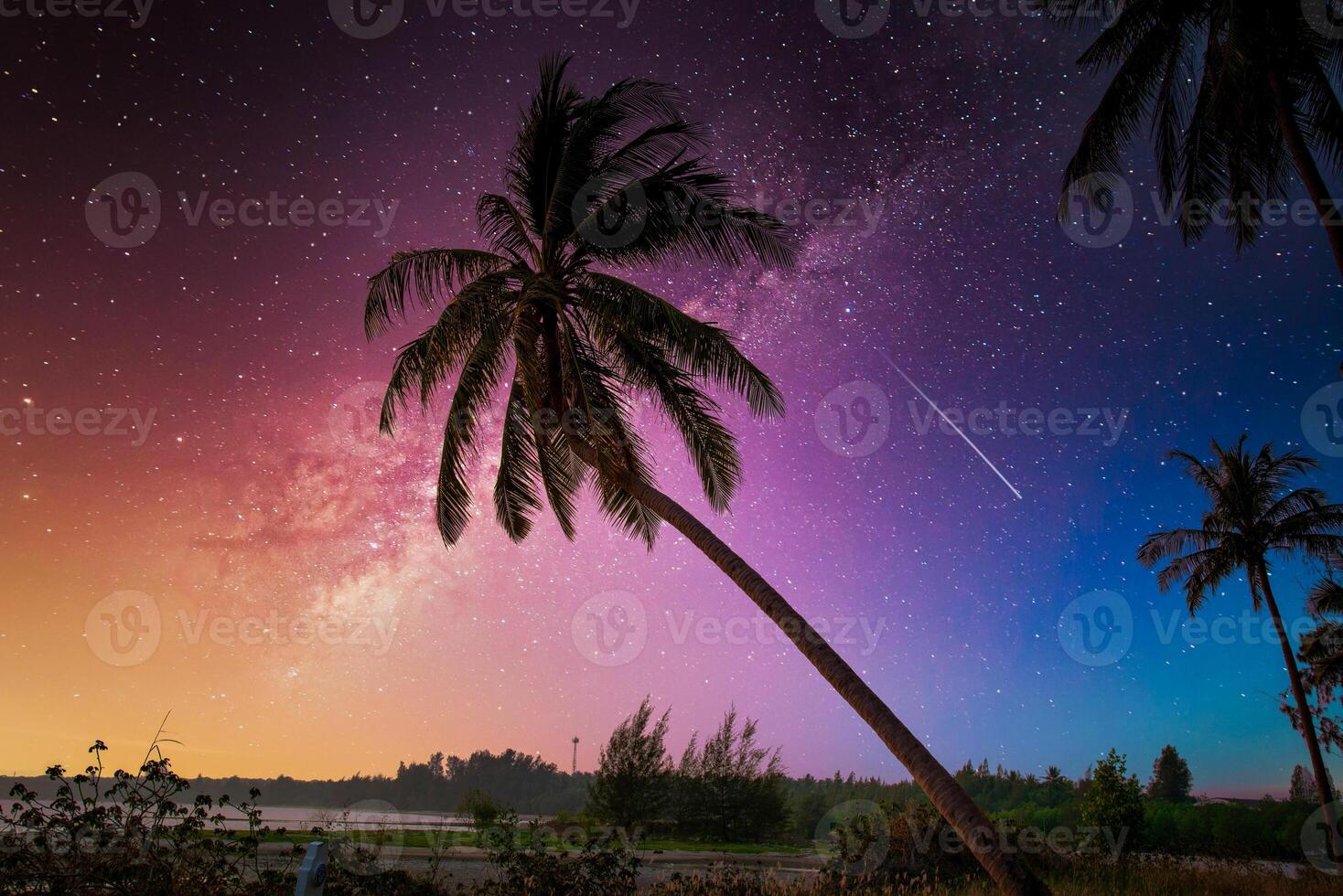 Landscape with Milky way galaxy. Night sky with stars and silhouette coconut palm tree on the mountain. Long exposure photograph. photo