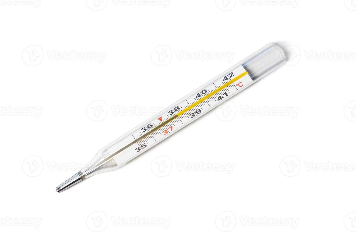 Mercury-in-glass thermometer with temperature mark 38 isolated onwhite background flat lay photo