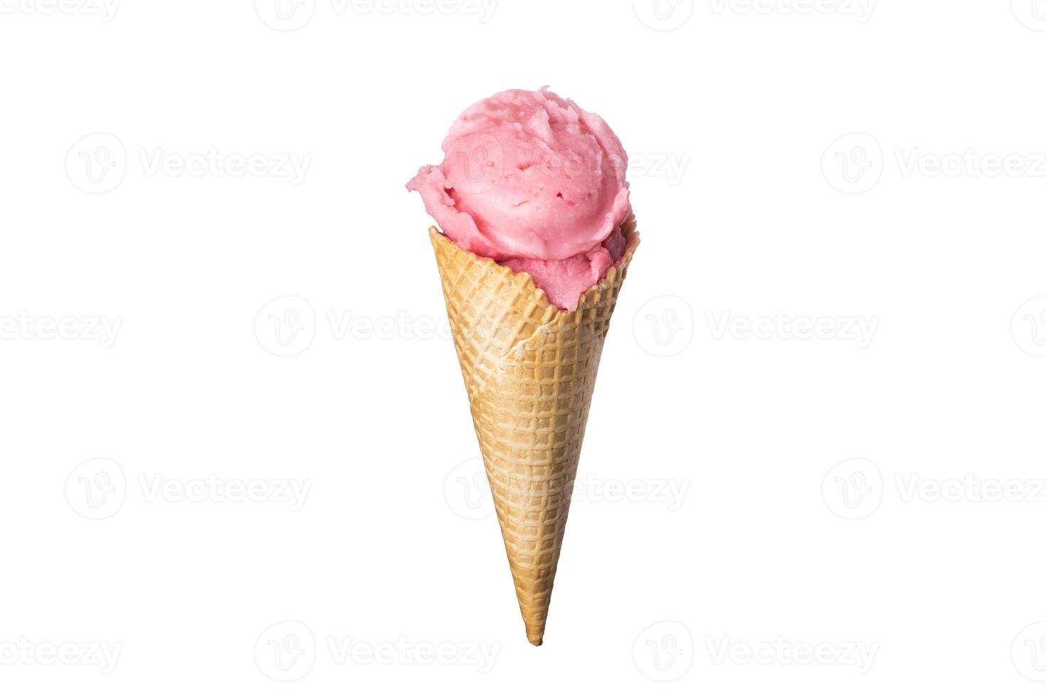 Strawberry pink ice cream waffle cone on white background isolated photo