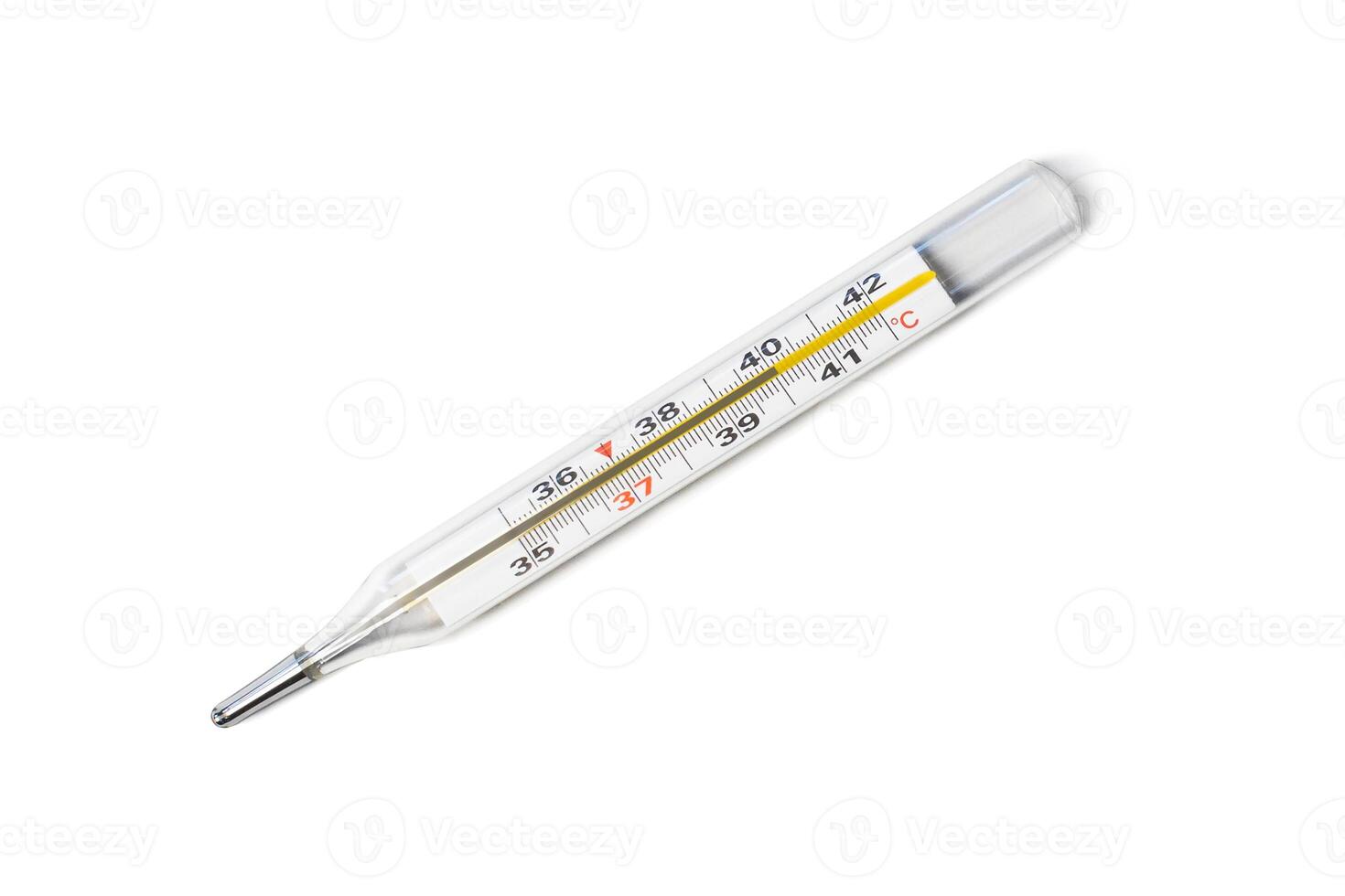 Mercury-in-glass thermometer with temperature mark 40 C isolated on white background flat lay photo