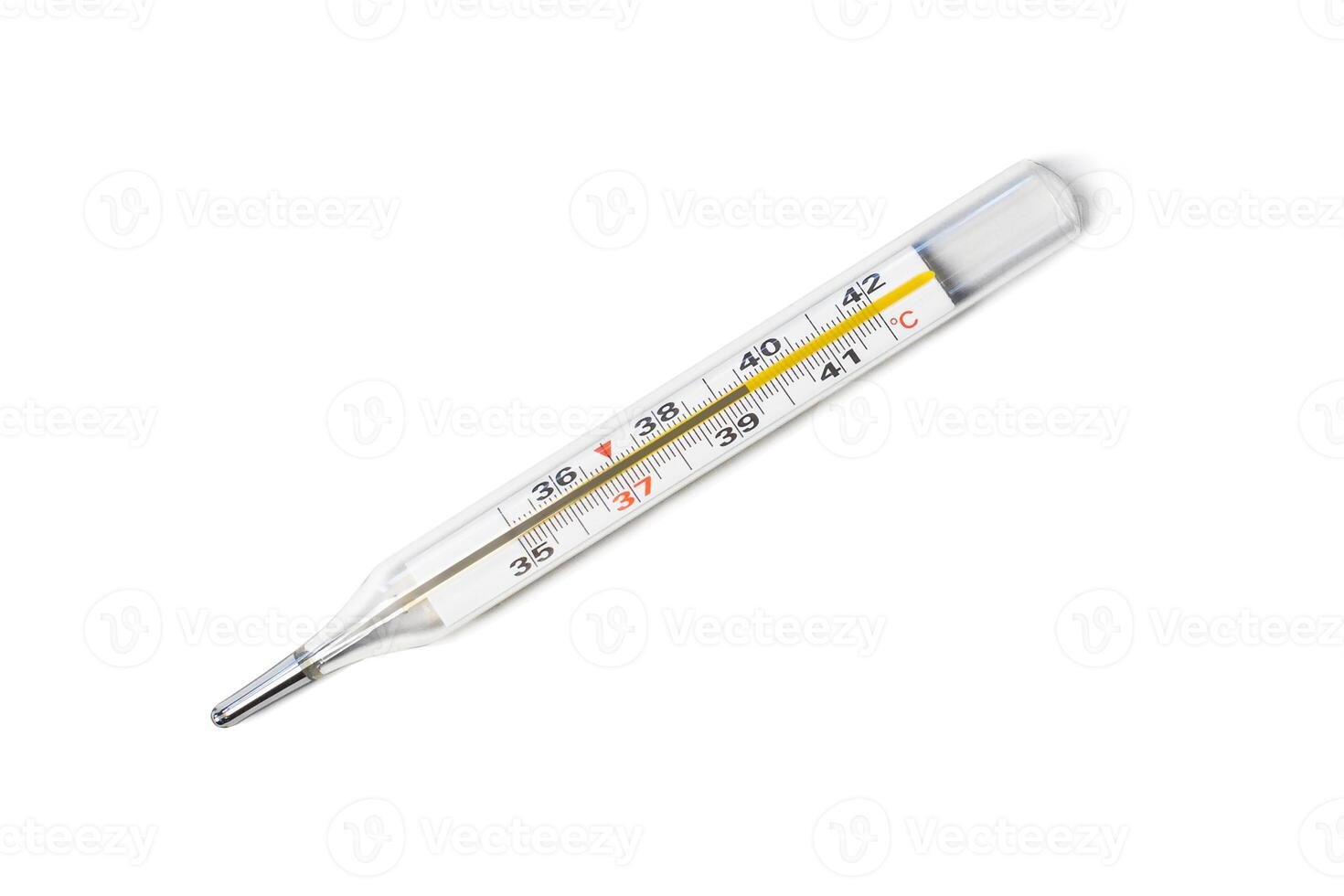 Mercury-in-glass thermometer with temperature mark 39,5 isolated on white background flat lay photo