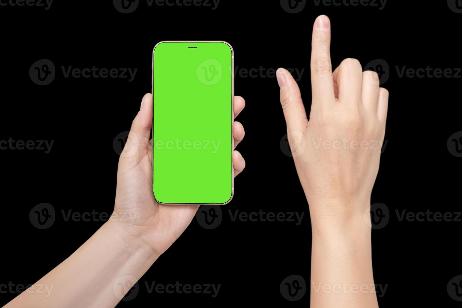 A woman's hand holds a phone chromakey Mockup and the second hand with a finger presses a button or scrolls. Isolated on black background close up photo