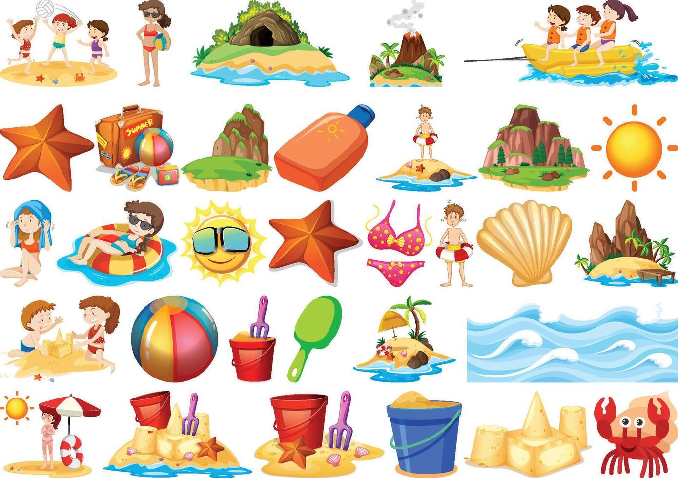 a collection of cartoon beach icons vector