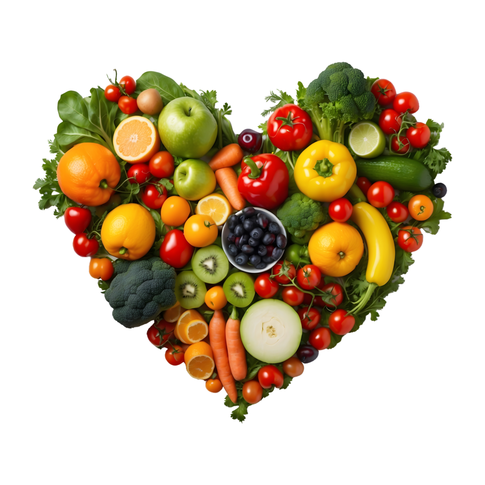 Heart-Shaped Mixed Vegetables and Fruits isolated on a transparent background png