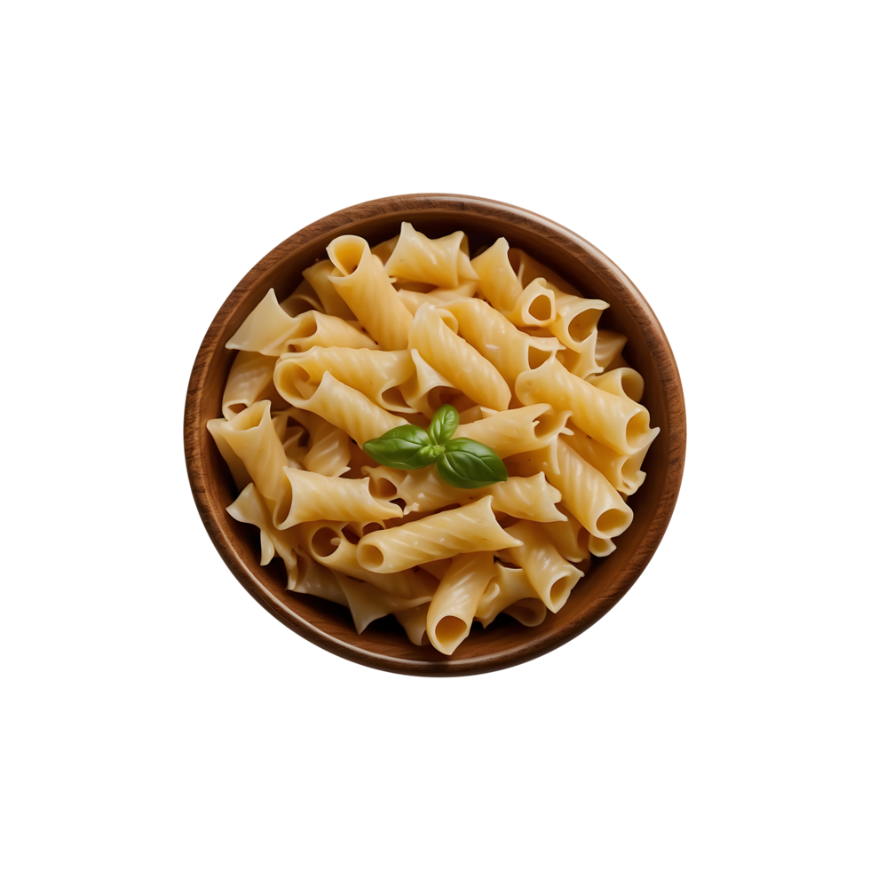 a bowl of pasta with a leaf and a green leaf on the top. isolated on transparent background png
