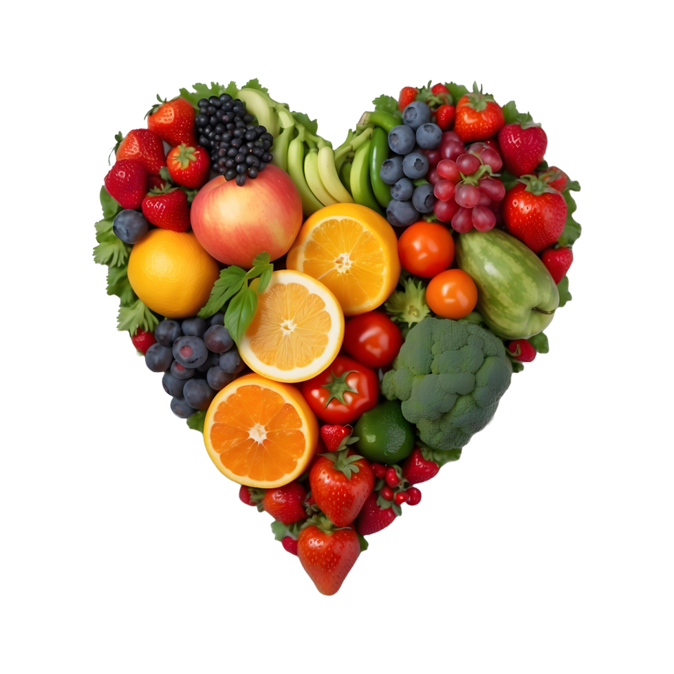 Heart-Shaped Mixed Vegetables and Fruits isolated on a transparent background png