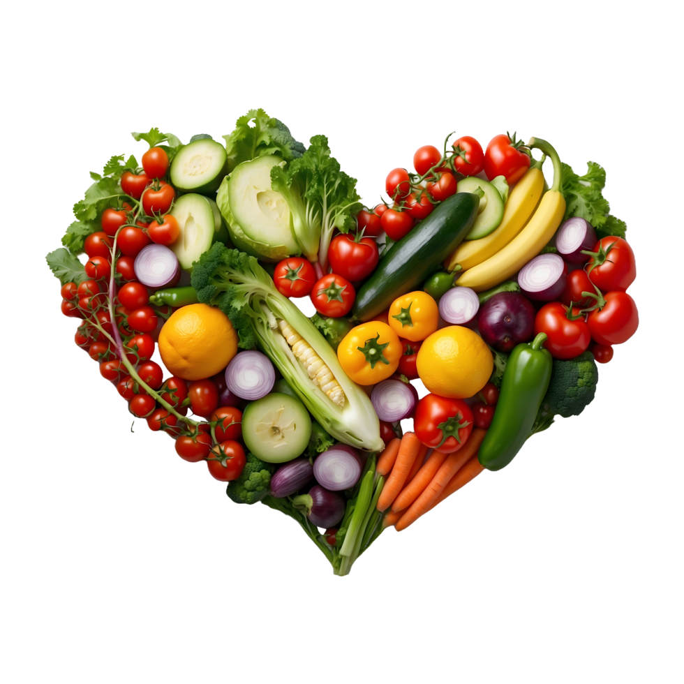 Mixed Vegetables and Fruits in Heart Shape isolated on a transparent background png