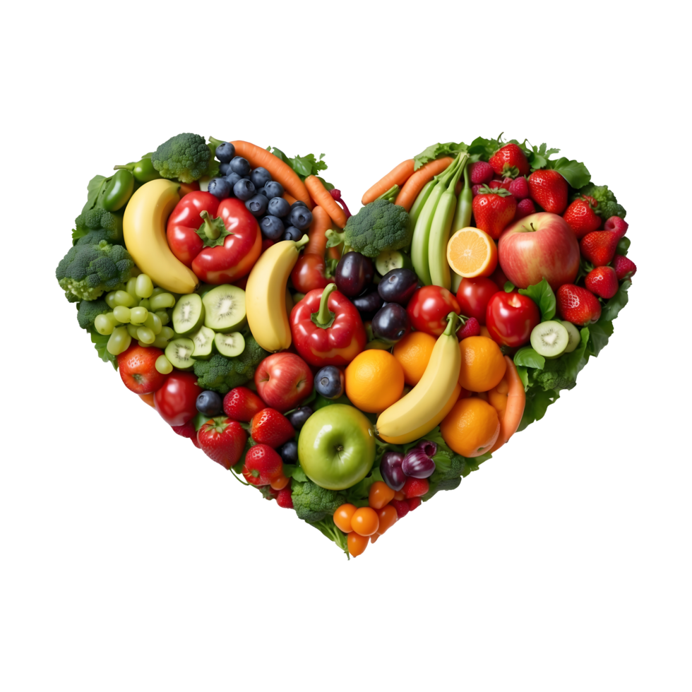 Mixed Vegetables and Fruits in Heart Shape isolated on a transparent background png