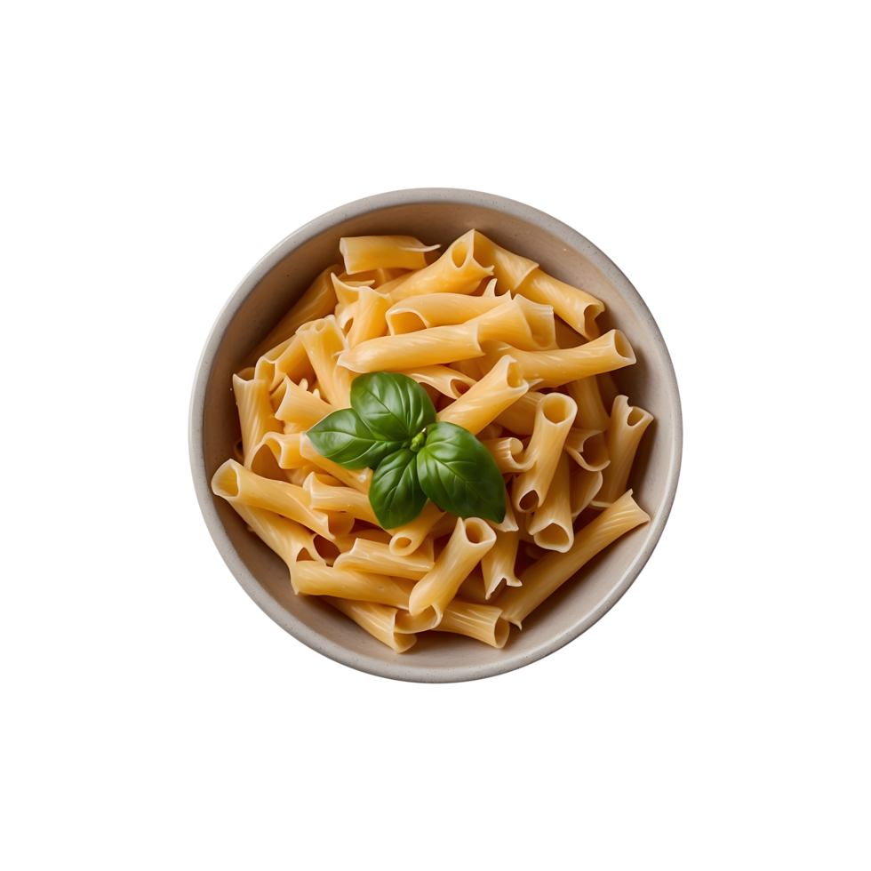 a bowl of pasta with a leaf and a green leaf on the top. isolated on transparent background png