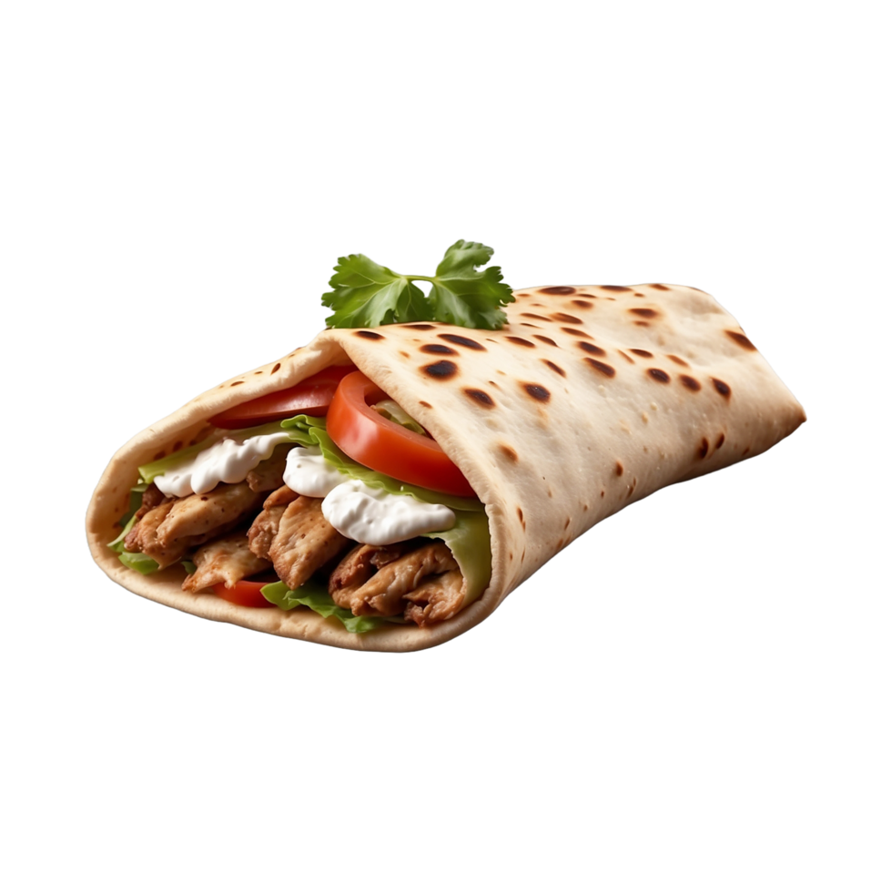 Delicious Greek gyros wrapped in pita bread. Shawarma grilled pita. With fresh meat and vegetables Isolated On a Transparent Background png