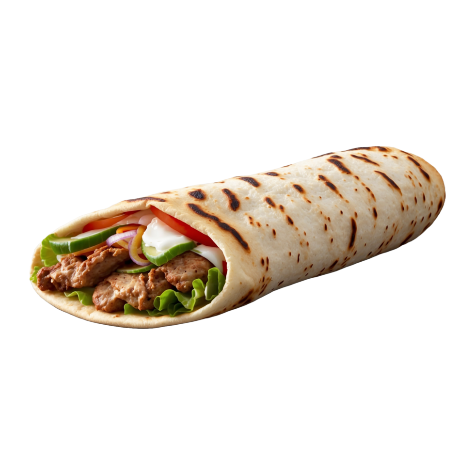 Delicious Greek gyros wrapped in pita bread. Shawarma grilled pita. With fresh meat and vegetables Isolated On a Transparent Background png