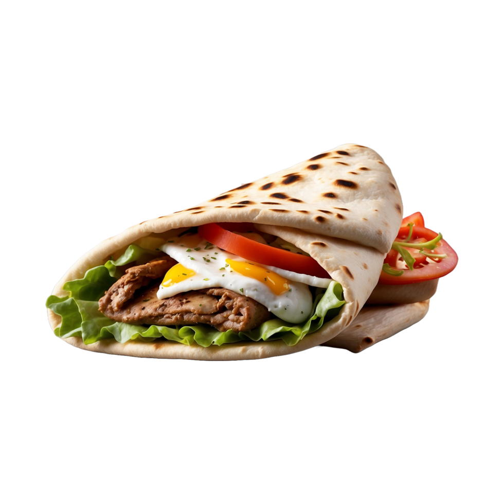 Delicious Greek gyros wrapped in pita bread. Shawarma grilled pita. With fresh meat and vegetables Isolated On a Transparent Background png