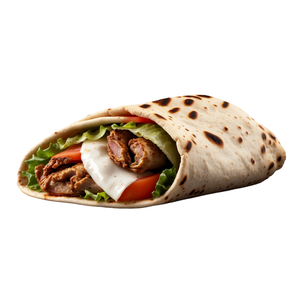 Delicious Greek gyros wrapped in pita bread. Shawarma grilled pita. With fresh meat and vegetables Isolated On a Transparent Background png