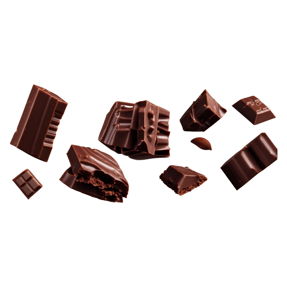 Flying Delicious chocolate pieces, fresh dark brown chocolate cut out isolated on a transparent background png