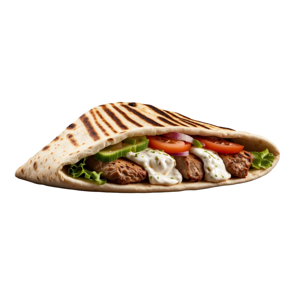 Delicious Greek gyros wrapped in pita bread. Shawarma grilled pita. With fresh meat and vegetables Isolated On a Transparent Background png