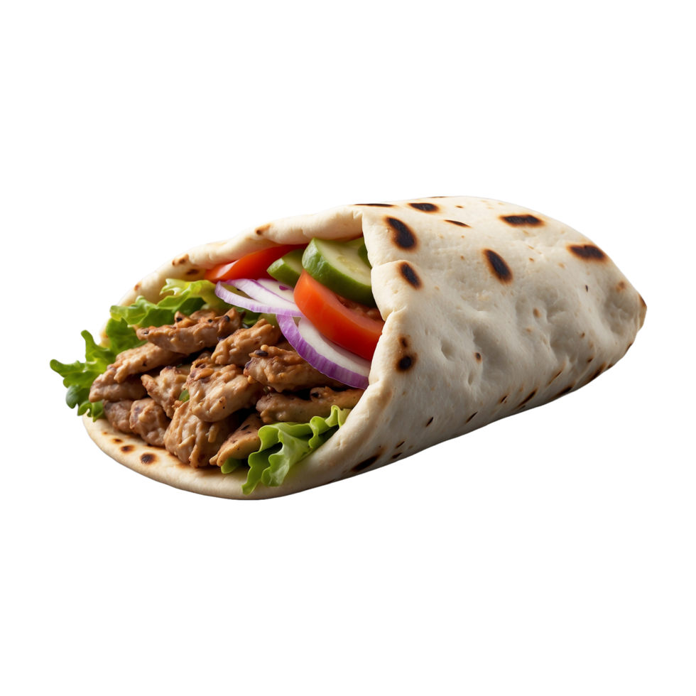 Delicious Greek gyros wrapped in pita bread. Shawarma grilled pita. With fresh meat and vegetables Isolated On a Transparent Background png