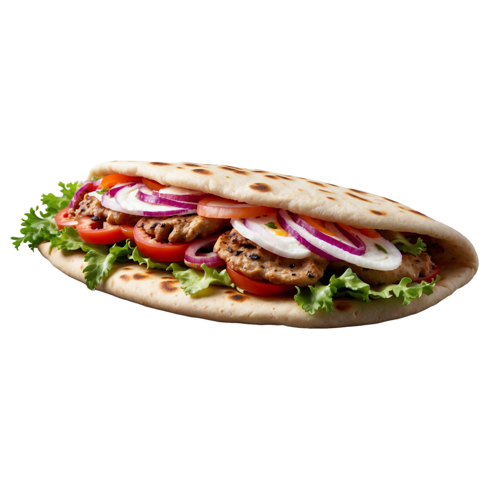 Delicious Greek gyros wrapped in pita bread. Shawarma grilled pita. With fresh meat and vegetables Isolated On a Transparent Background png