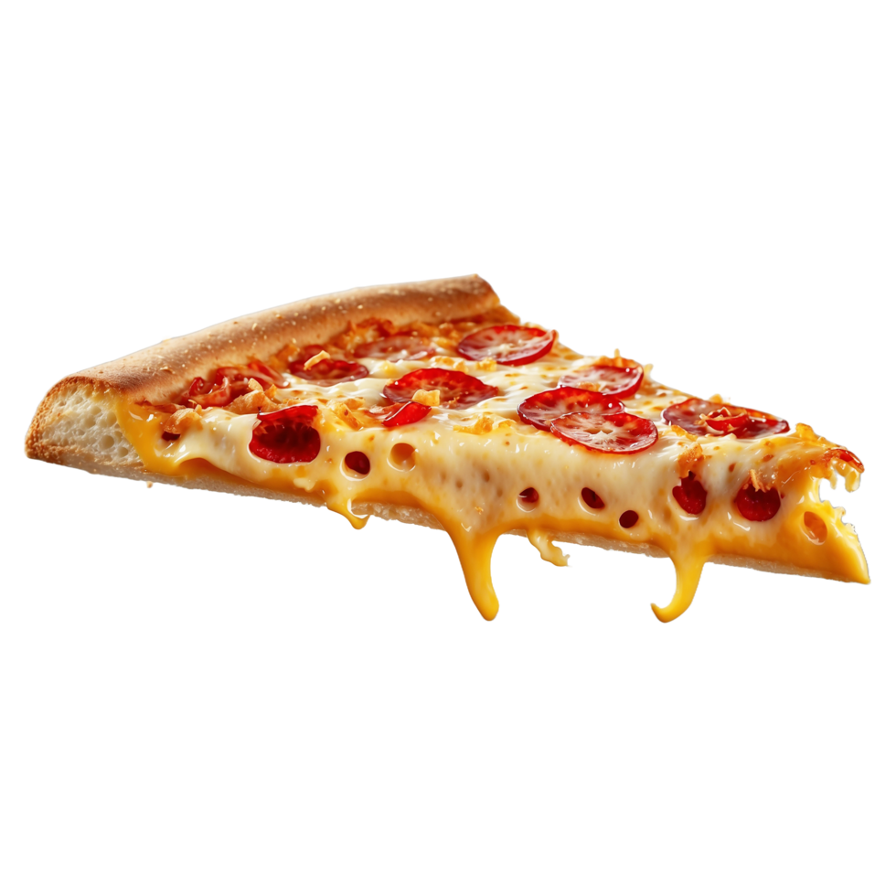 Delicious Ultimate Cheese Hot Spicy slice of Hawaiian pizza flying Isolated On Transparent Background png