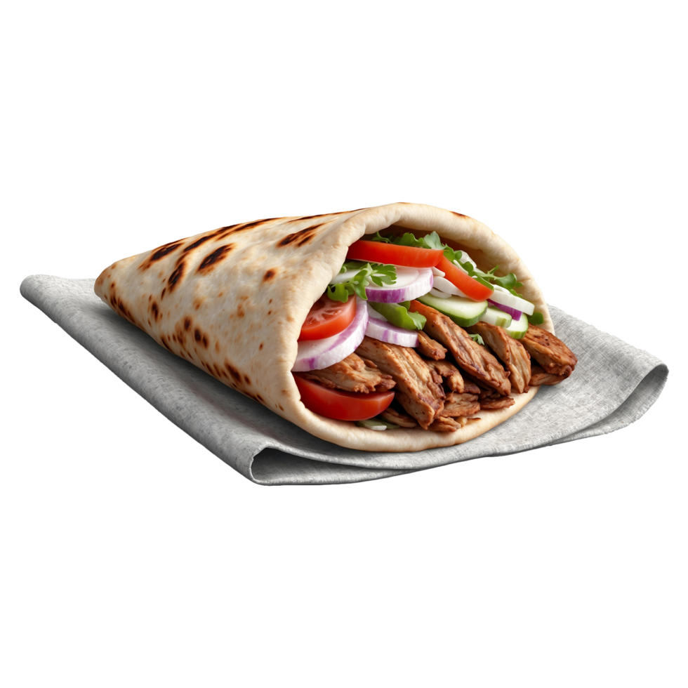 Delicious Greek gyros wrapped in pita bread. Shawarma grilled pita. With fresh meat and vegetables Isolated On a Transparent Background png