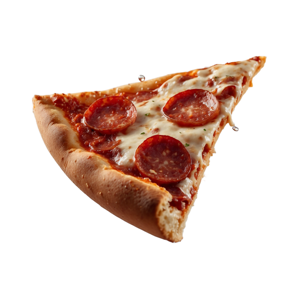 Delicious tasty slice of pizza flying isolated on transparent background png