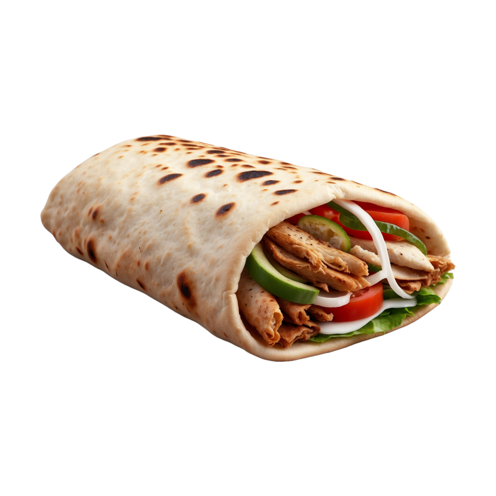 Delicious Greek gyros wrapped in pita bread. Shawarma grilled pita. With fresh meat and vegetables Isolated On a Transparent Background png