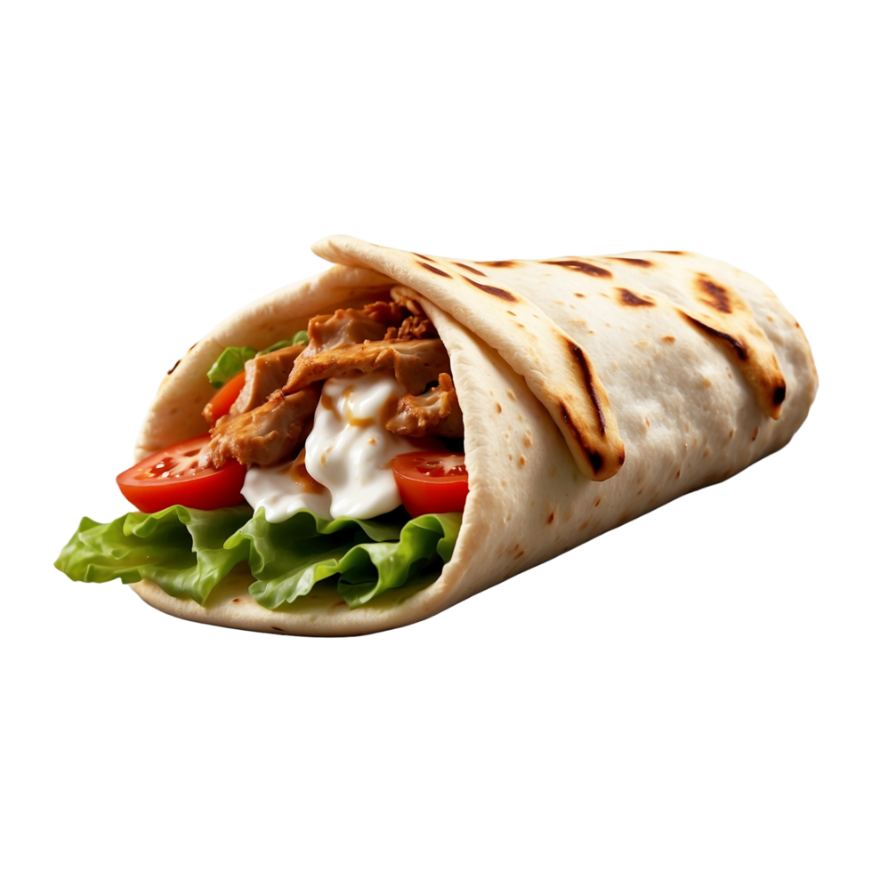 Delicious Greek gyros wrapped in pita bread. Shawarma grilled pita. With fresh meat and vegetables Isolated On a Transparent Background png