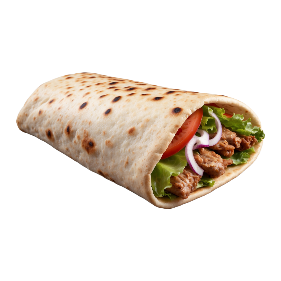 Delicious Greek gyros wrapped in pita bread. Shawarma grilled pita. With fresh meat and vegetables Isolated On a Transparent Background png