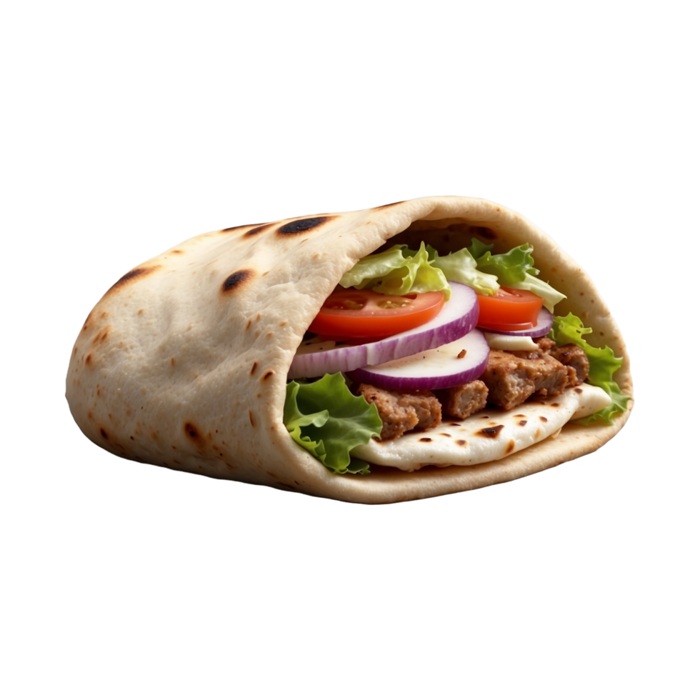 Delicious Greek gyros wrapped in pita bread. Shawarma grilled pita. With fresh meat and vegetables Isolated On a Transparent Background png