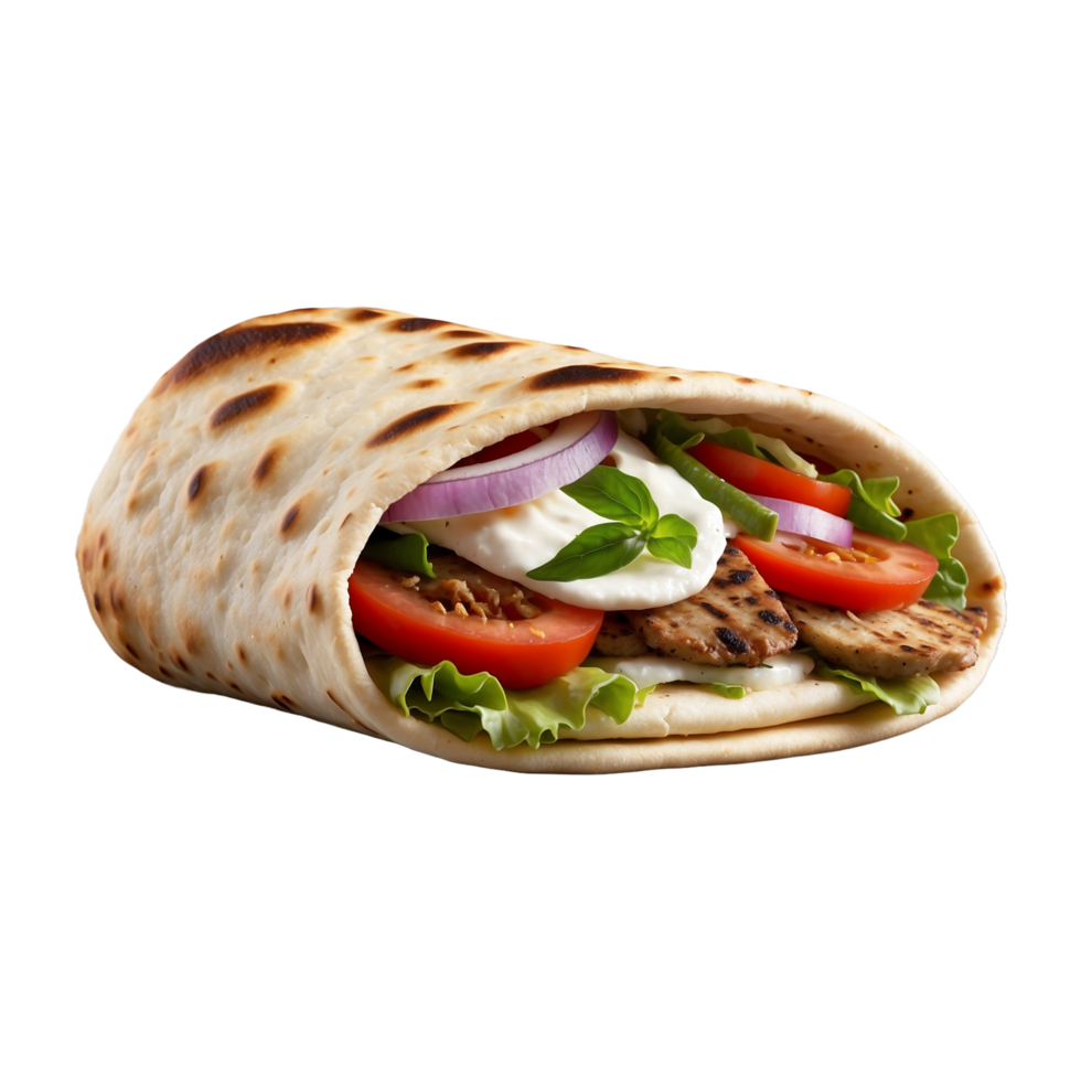 Delicious Greek gyros wrapped in pita bread. Shawarma grilled pita. With fresh meat and vegetables Isolated On a Transparent Background png
