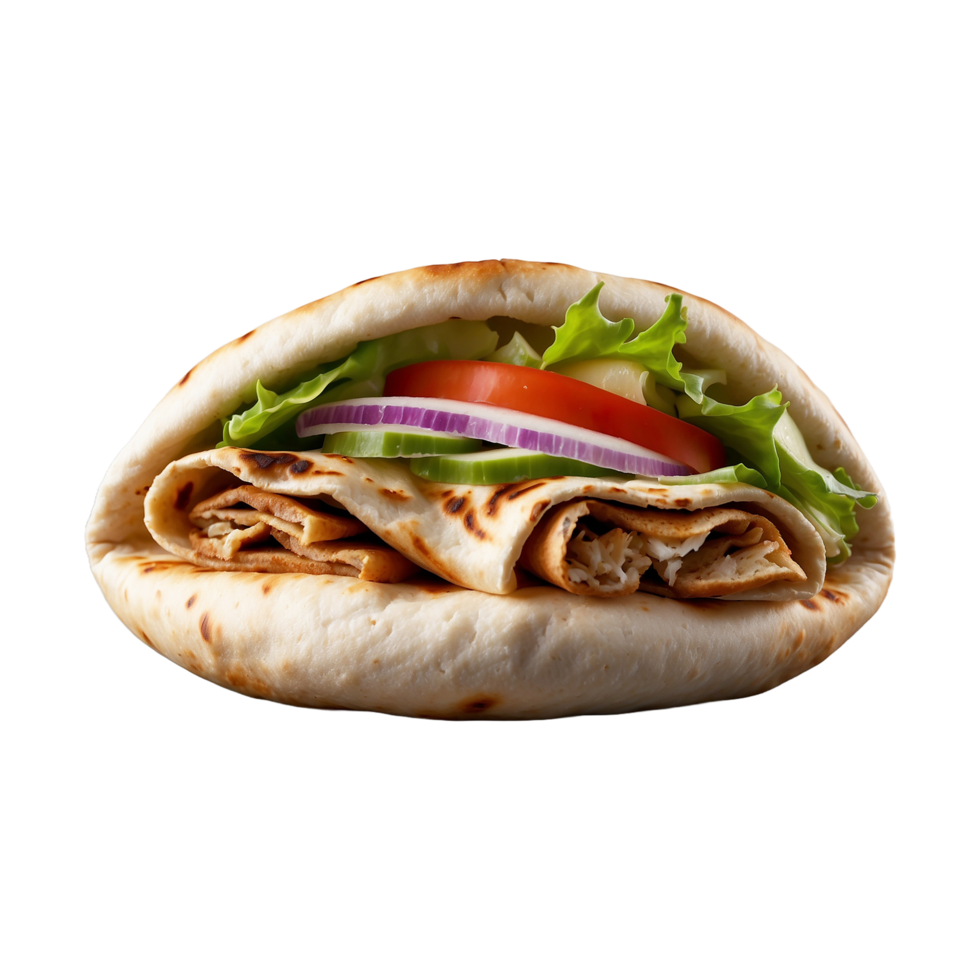 Delicious Greek gyros wrapped in pita bread. Shawarma grilled pita. With fresh meat and vegetables Isolated On a Transparent Background png