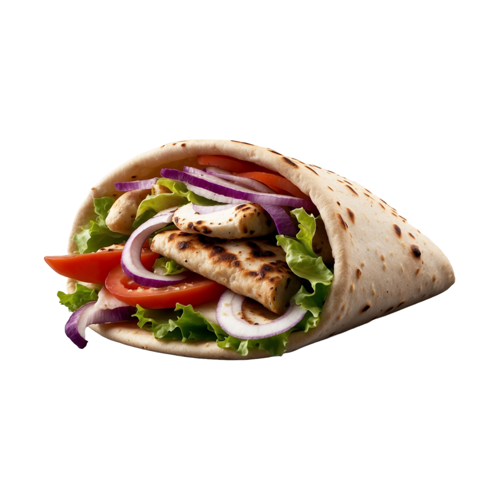 Delicious Greek gyros wrapped in pita bread. Shawarma grilled pita. With fresh meat and vegetables Isolated On a Transparent Background png