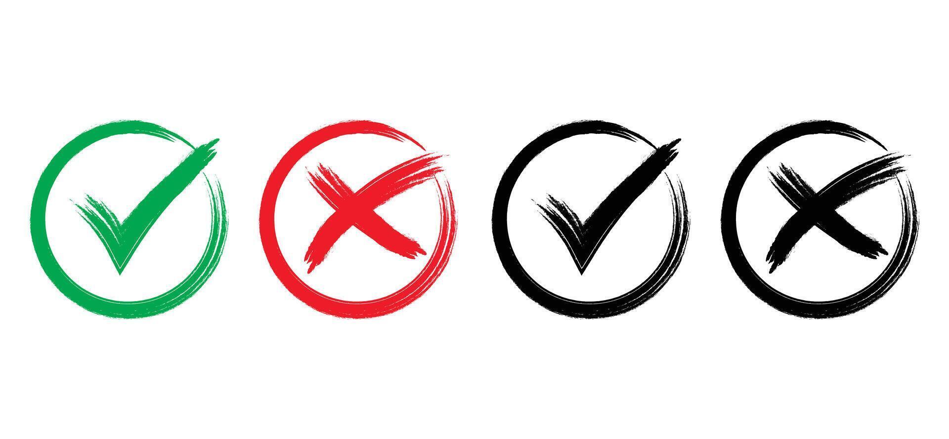 Check mark and X mark icon with brush texture. Check mark and x mark icon for apps and websites. vector