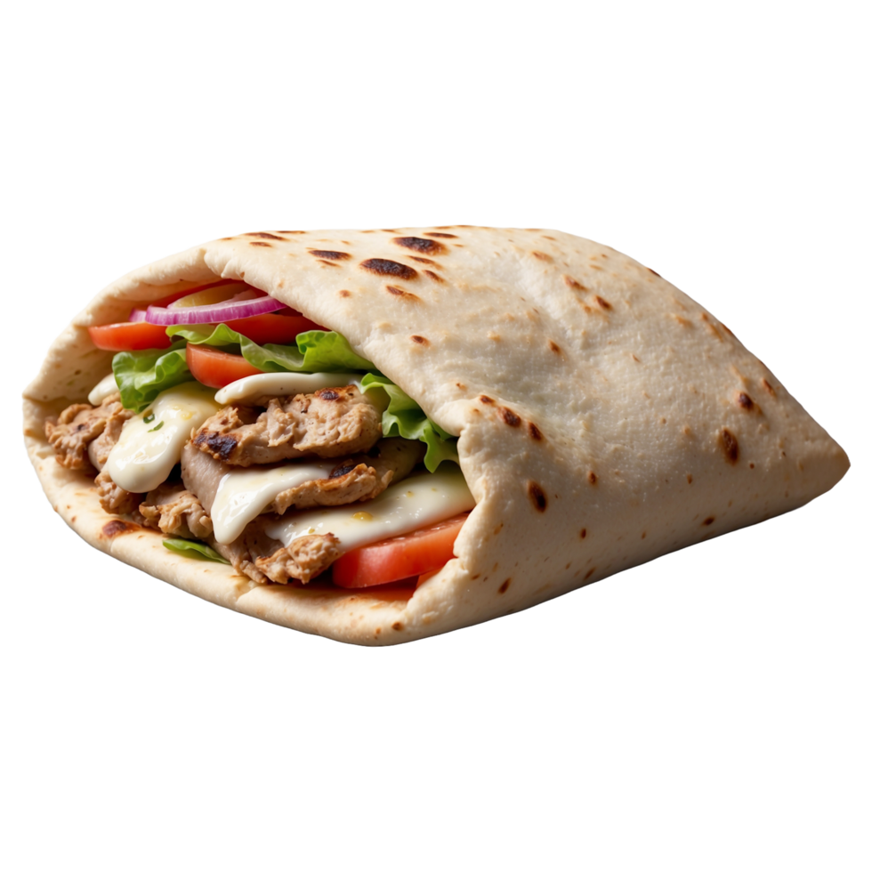 Delicious Greek gyros wrapped in pita bread. Shawarma grilled pita. With fresh meat and vegetables Isolated On a Transparent Background png