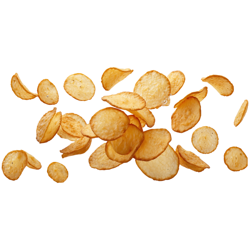 Crispy potato chips flying isolated on a transparent background png