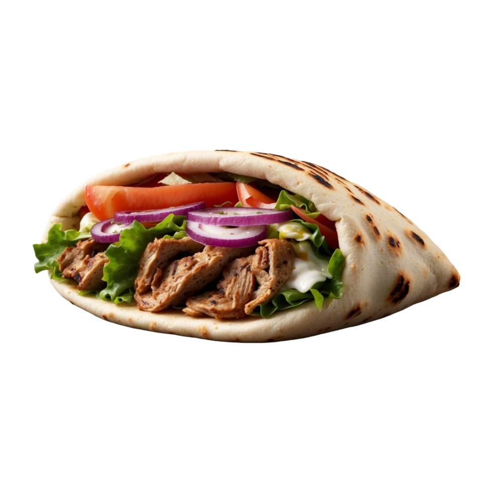 Delicious Greek gyros wrapped in pita bread. Shawarma grilled pita. With fresh meat and vegetables Isolated On a Transparent Background png